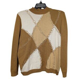 Vintage Alfred Dunner Equestrian Sweater Wool Blend Argyle Chains Brown Size XL